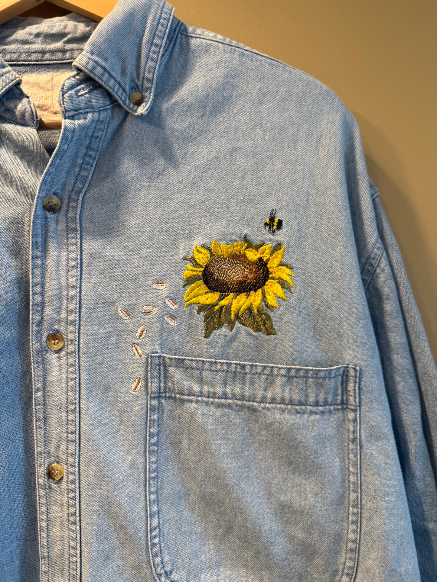 Vintage Sunflower & Bees Denim Button-Up Shirt- L