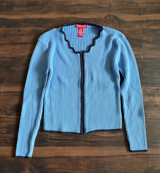 Vintage Y2K Women’s Blue Zipped Ribbed Sweater- L