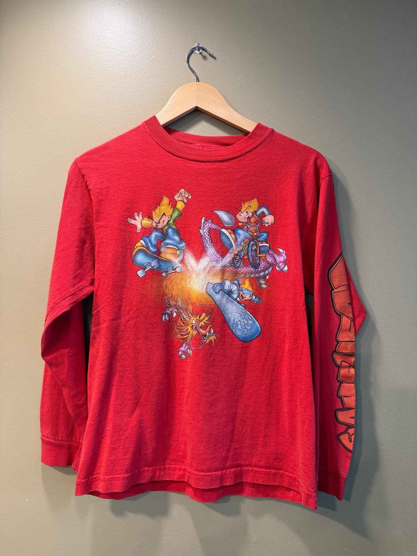 Vintage Y2K JNCO Flamehead Streetwear Red Long Sleeve T-Shirt- S