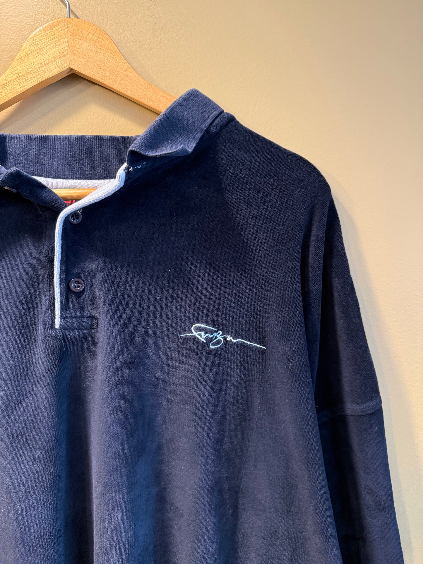 Vintage Fubu Velour Long Sleeve Navy Blue Polo Shirt- XL