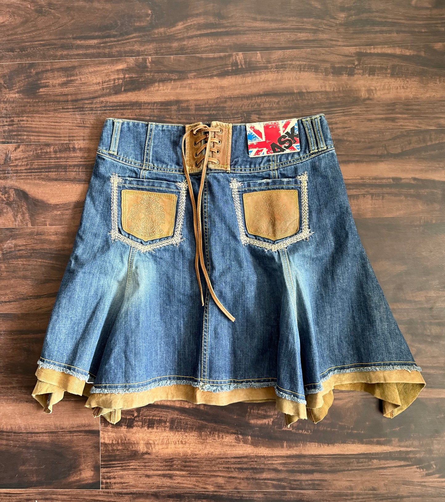 Vintage Ask Jeans Union Jack Leather Patch Denim Skirt- 31