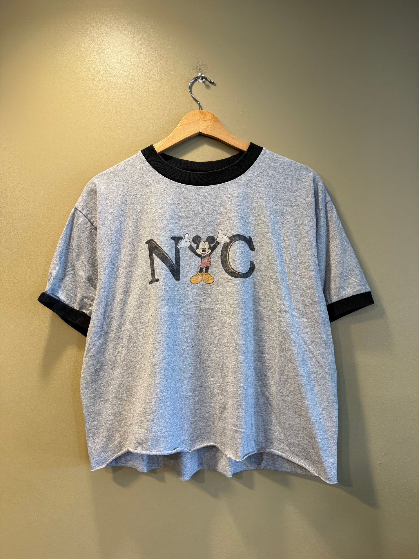 Vintage Disney Mickey Mouse NYC Cropped Ringer T-Shirt- L