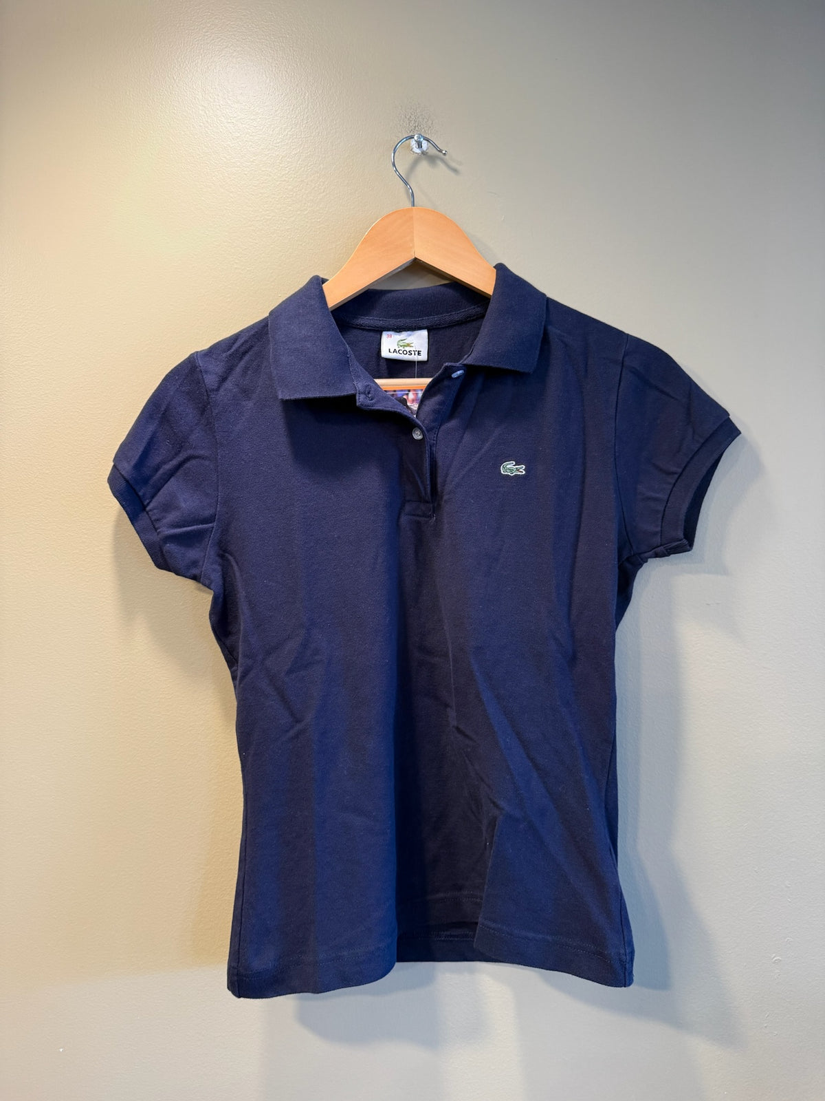 Vintage Y2K Lacoste Navy Blue Woman’s Fitted Polo T-Shirt - S