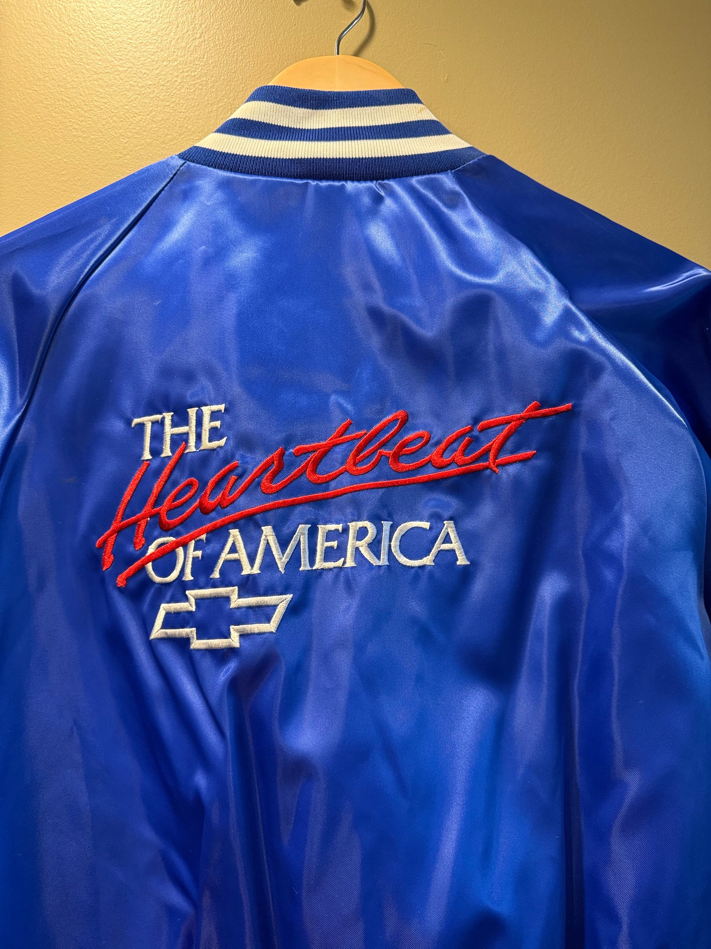 Vintage Chevrolet The Heartbeat of America Blue Satin Jacket- L