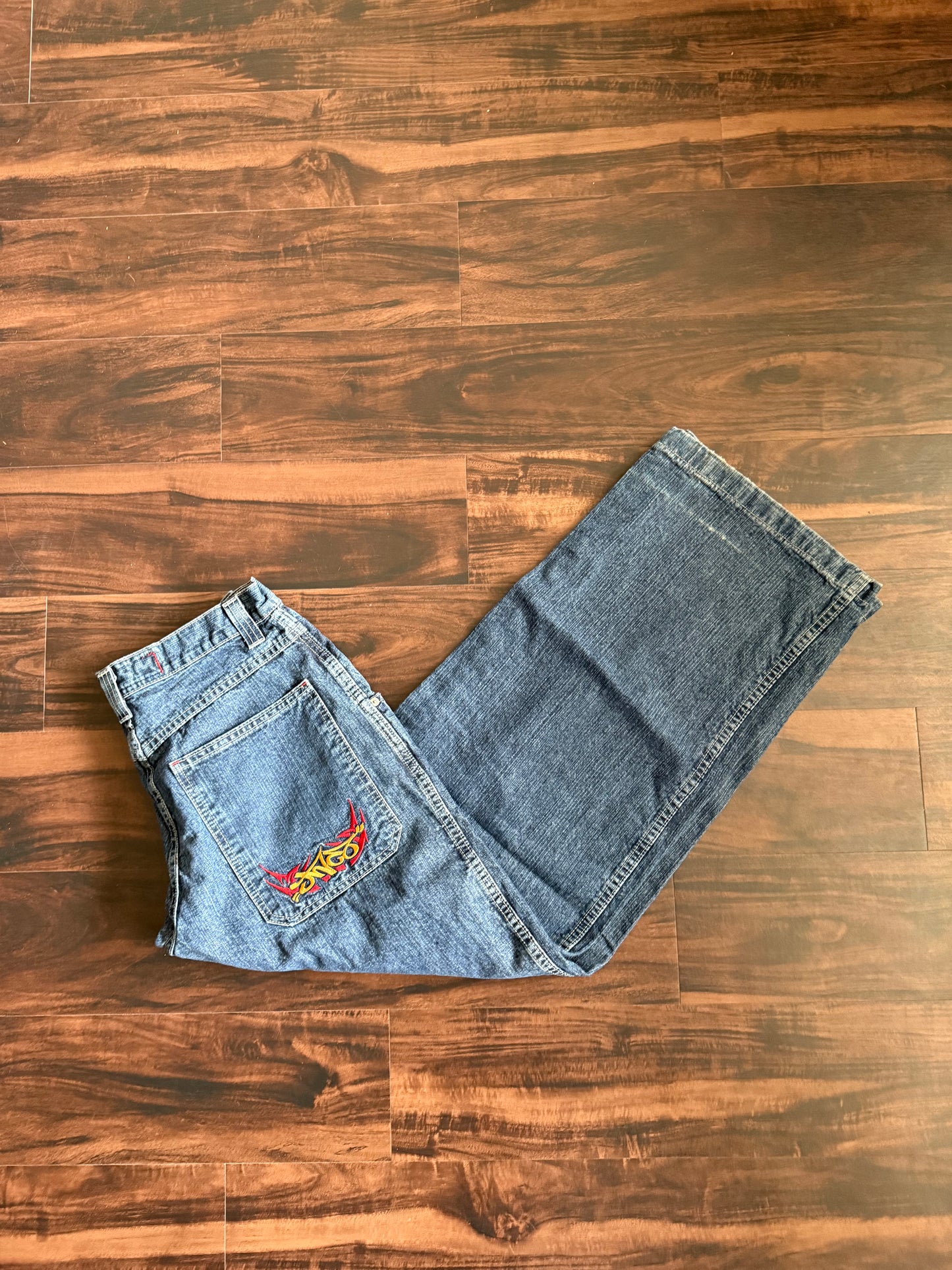 Vintage Y2K JNCO Dark Wash Embroidered Tribal Denim Blue Jeans- 32x33
