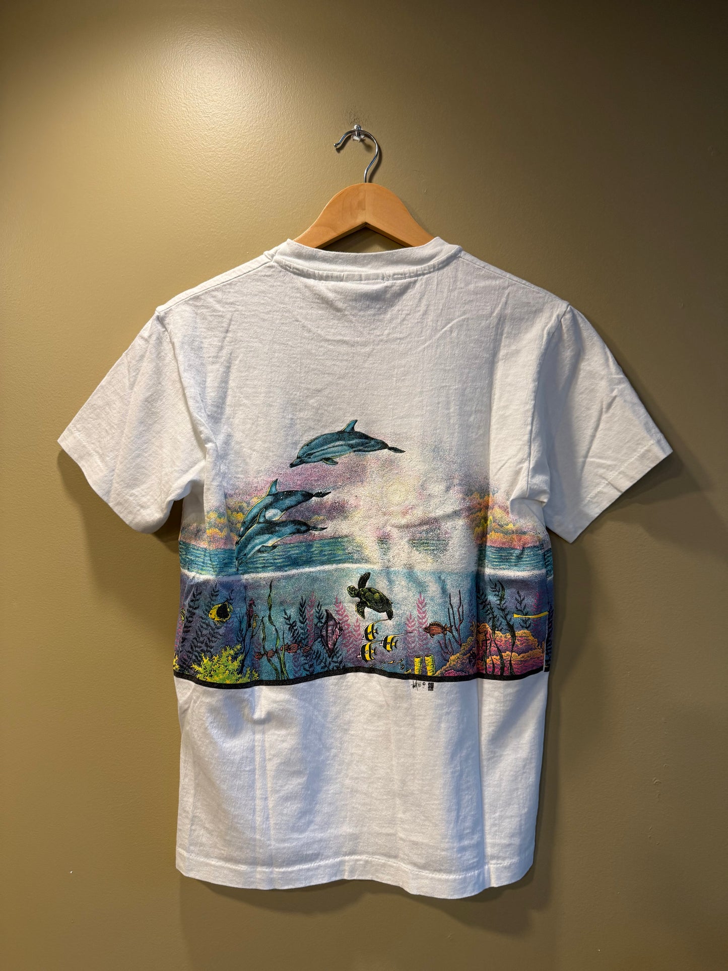 Vintage Maui Hawaii Nature All Over Print Dolphins T-Shirt- S