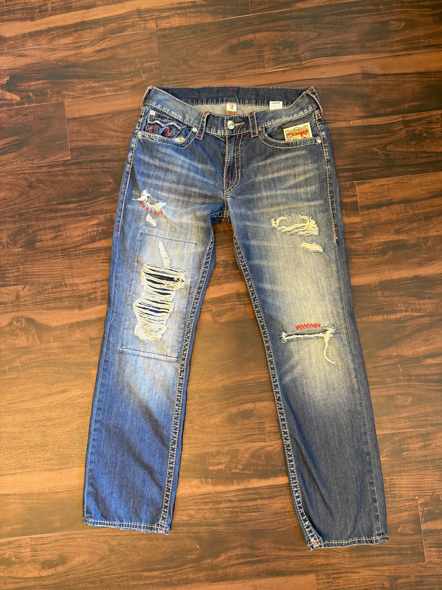 Vintage True Religion Red Lined Distressed Denim Jeans- 34x32