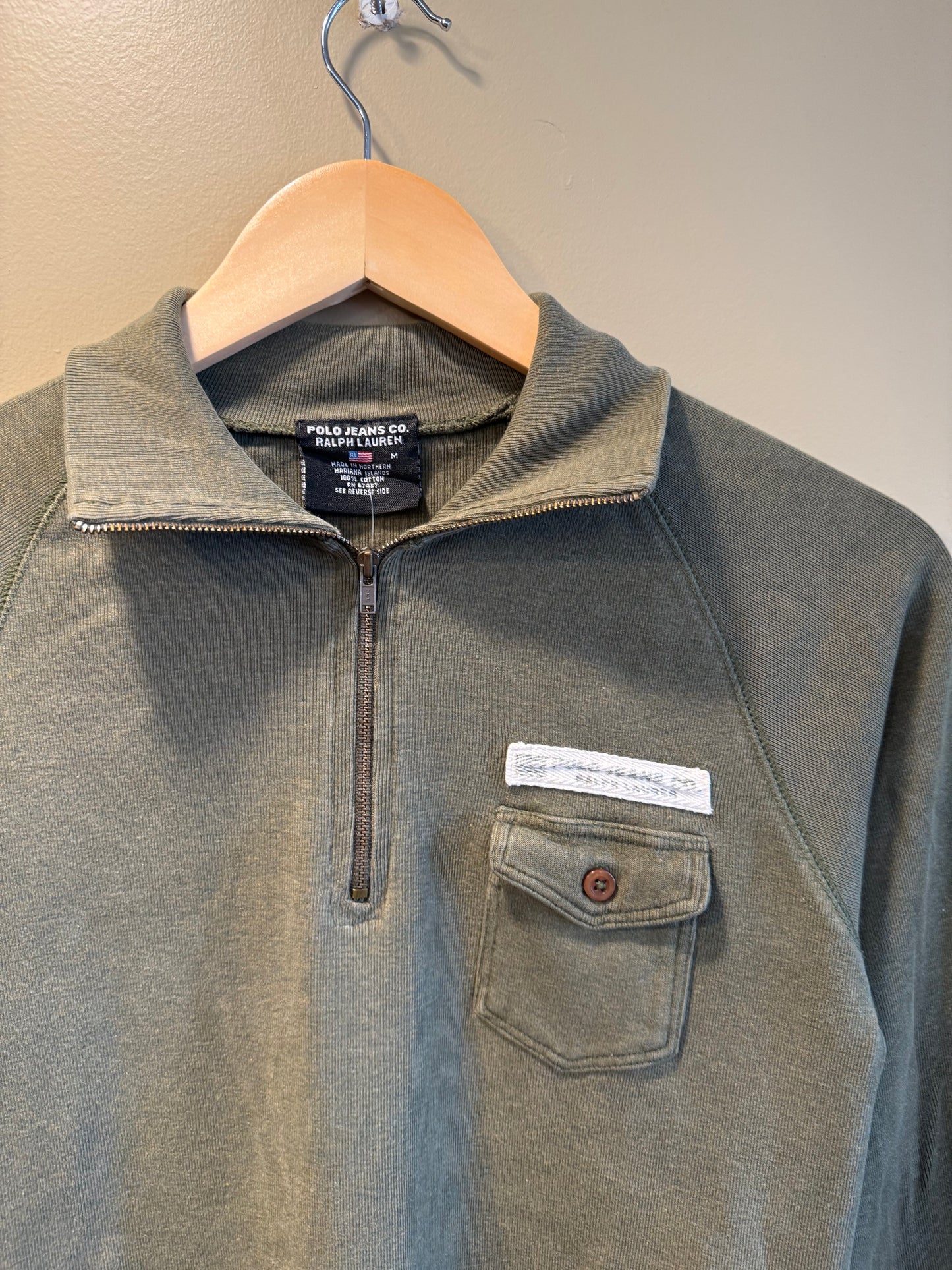 Vintage Polo Jeans Co. Women’s Army Green Quarter-Zip Sweatshirt- M