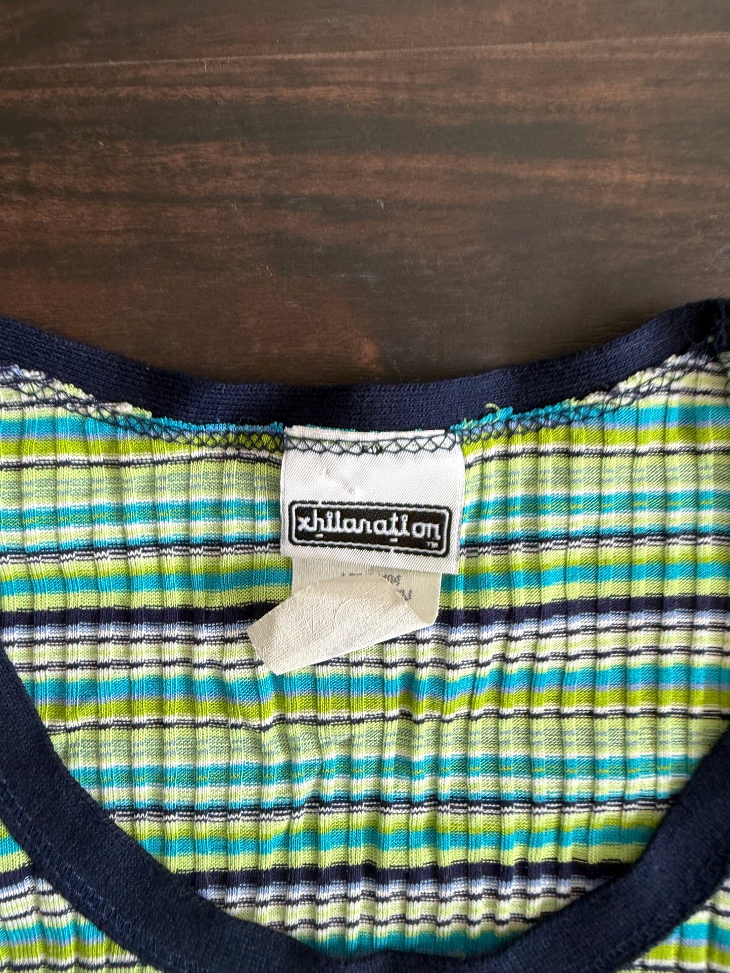 Vintage Xhiliration Ribbed Striped Green Baby Tee- S