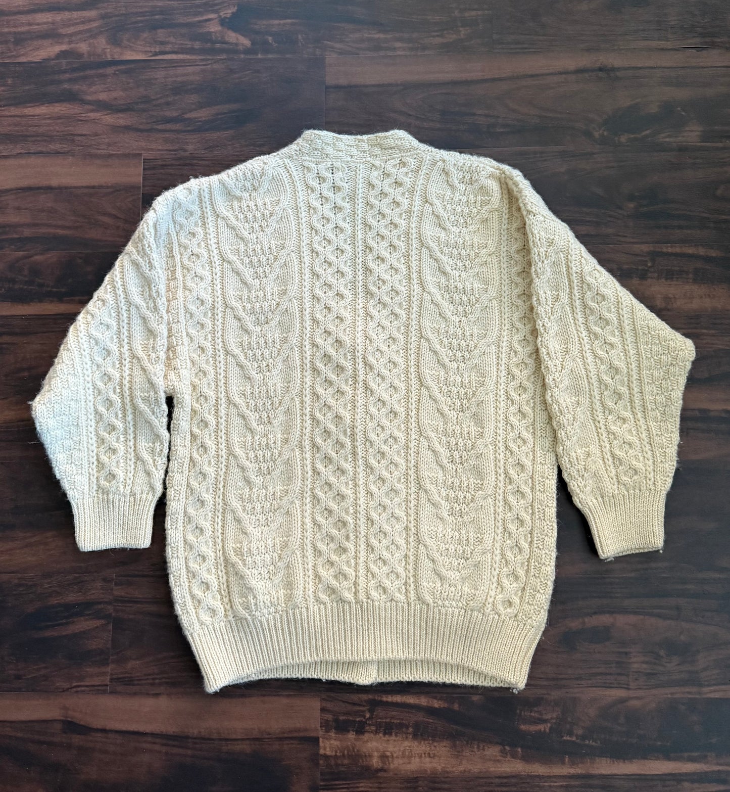Vintage 100% Wool Celtic Country Made In Ireland White Cable-Knit Cardigan Sweater- M