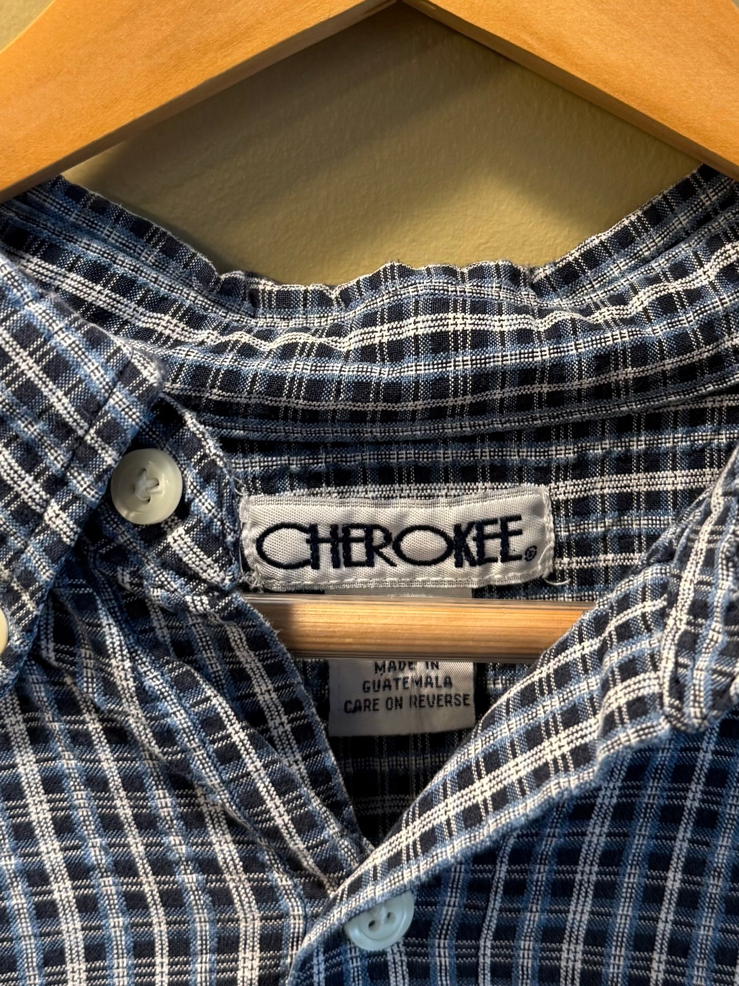 Vintage Cherokee Seersucker Cotton Checkered Button-Up Shirt- L