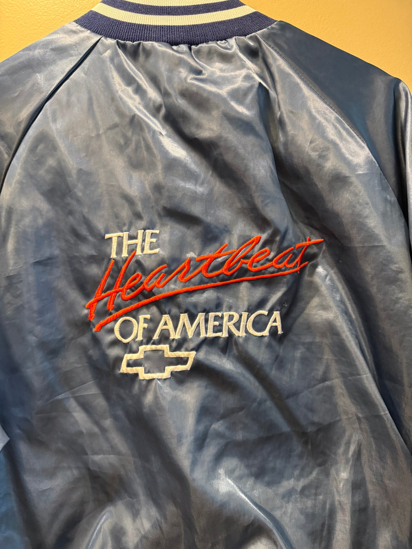 Vintage Chevrolet The Heartbeat of America Navy Blue Satin Jacket- XL