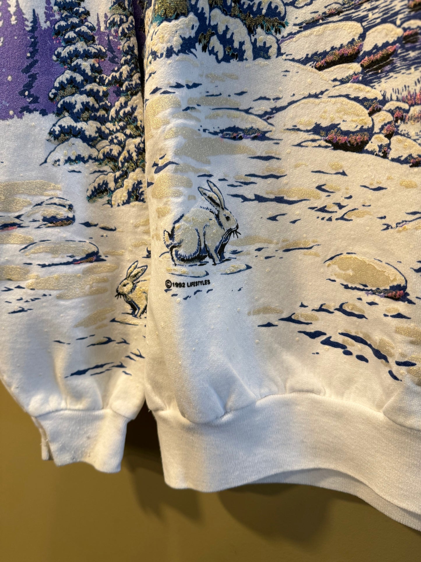 Vintage Snowy Nature Bunny Crewneck Sweatshirt- XL