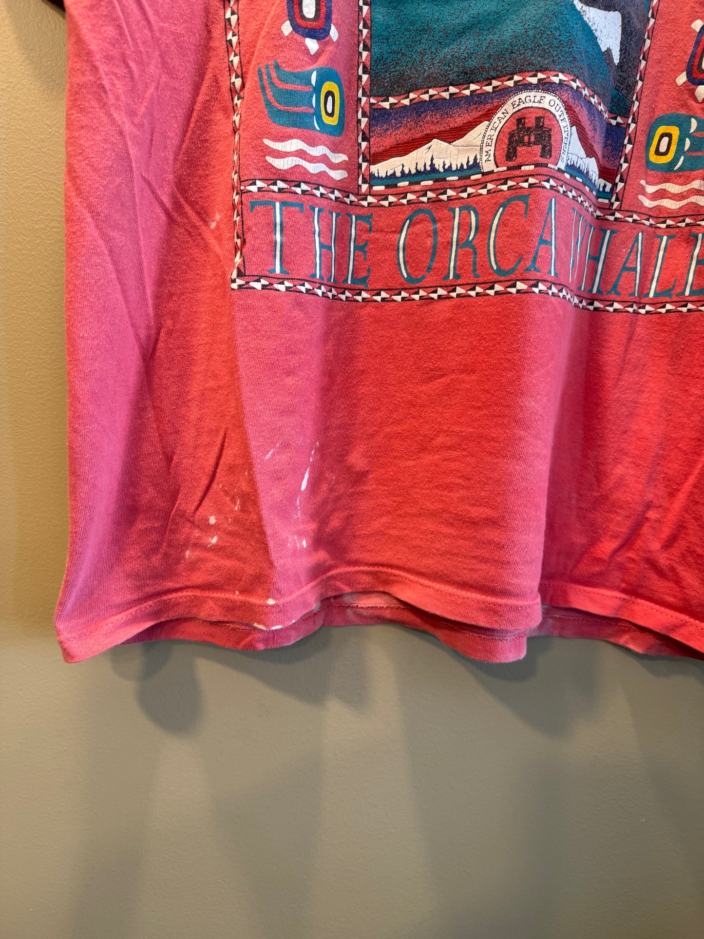 Vintage American Eagle Orca Whale Red Bleach Dye T-Shirt- L