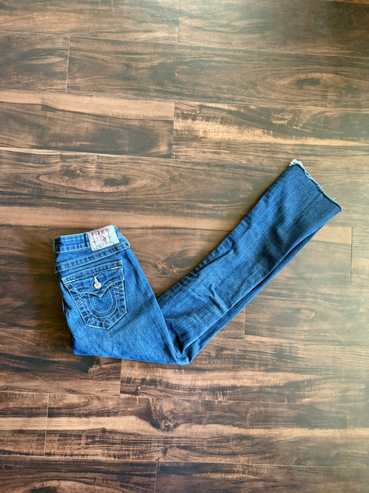 Vintage True Religion Dark Wash Distressed Flare Denim Jeans- 28x31