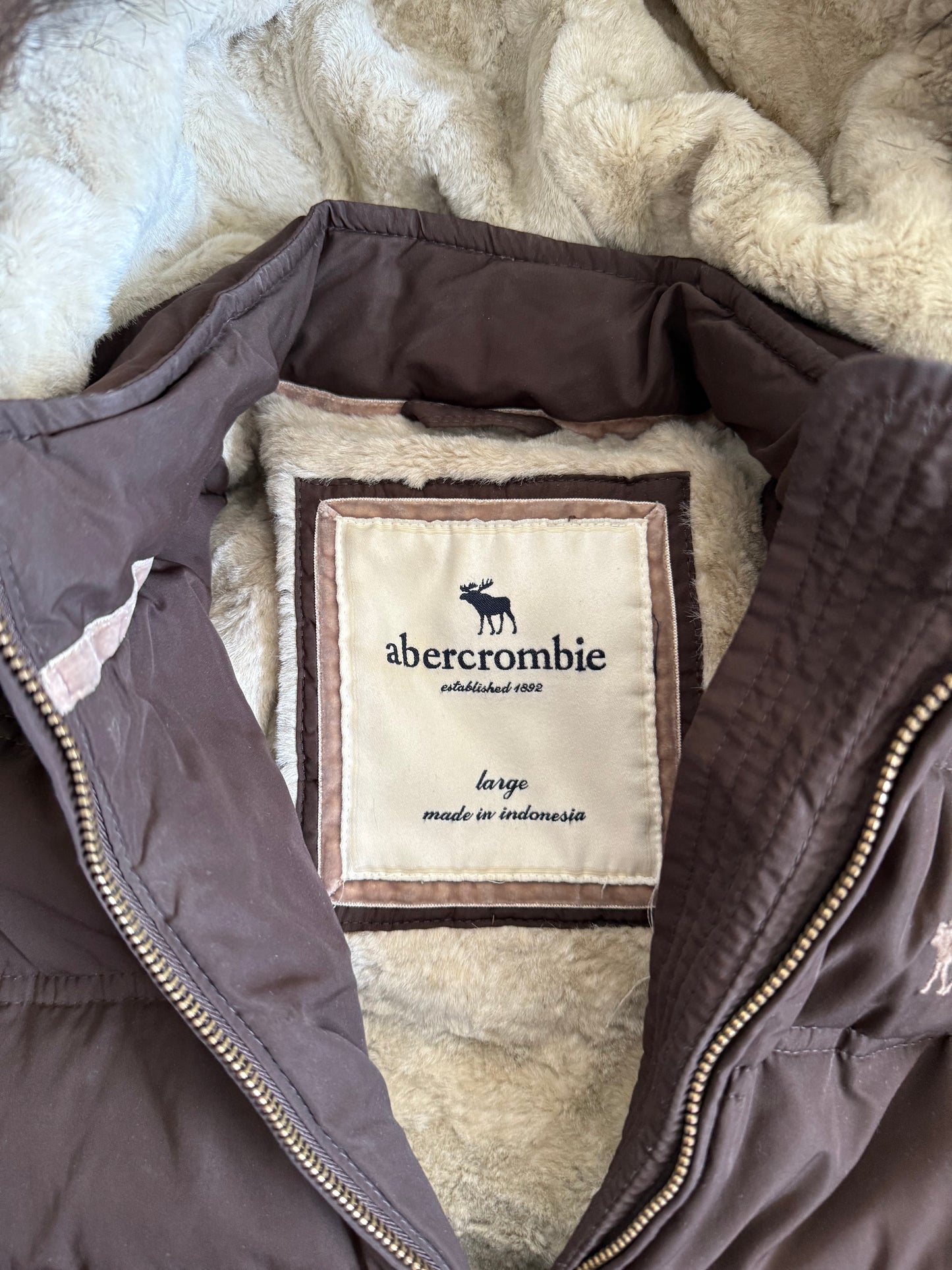 Vintage Y2K Abercrombie & Fitch Brown Fur Hooded Puffer Jacket- S