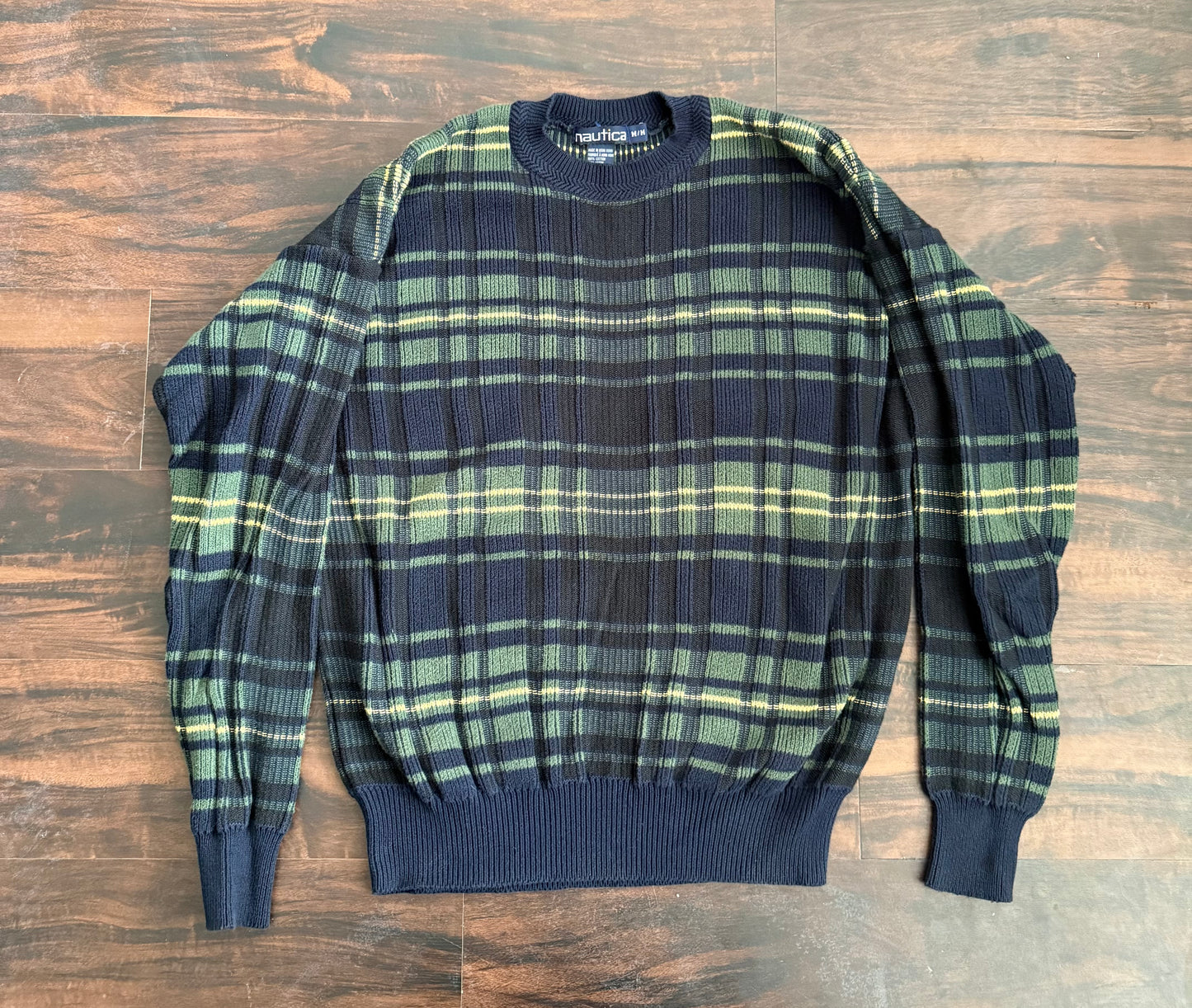 Vintage Nautica Green & Blue Tartan Cableknit Sweater- M