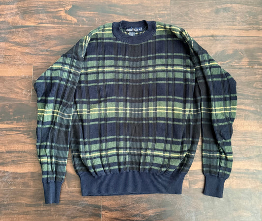 Vintage Nautica Green & Blue Tartan Cableknit Sweater- M