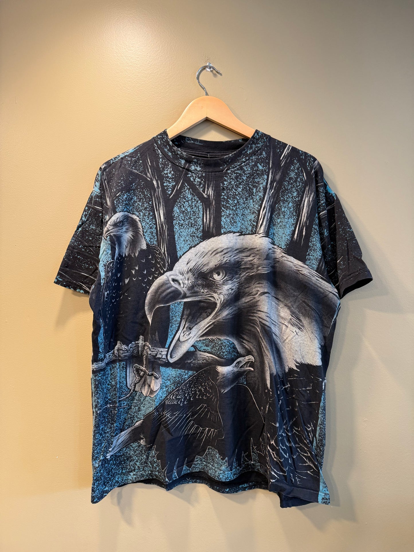 Vintage Bald Eagle Blue & Black All Over Print Nature T-Shirt- L