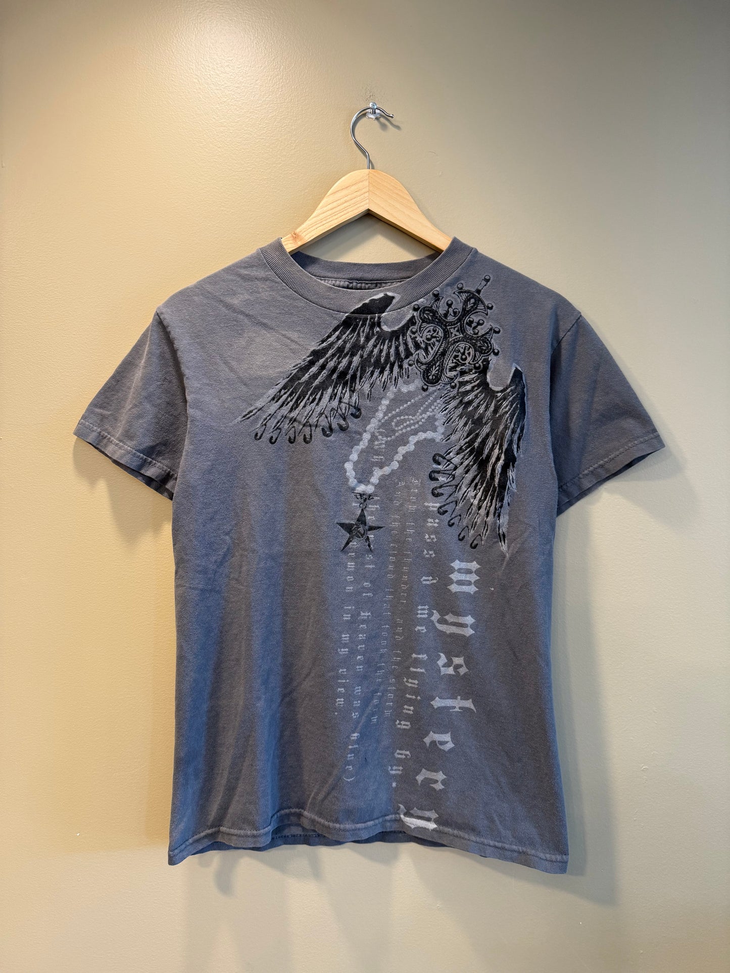 Vintage Y2K Mystery Angel Wings Gray T-Shirt- S