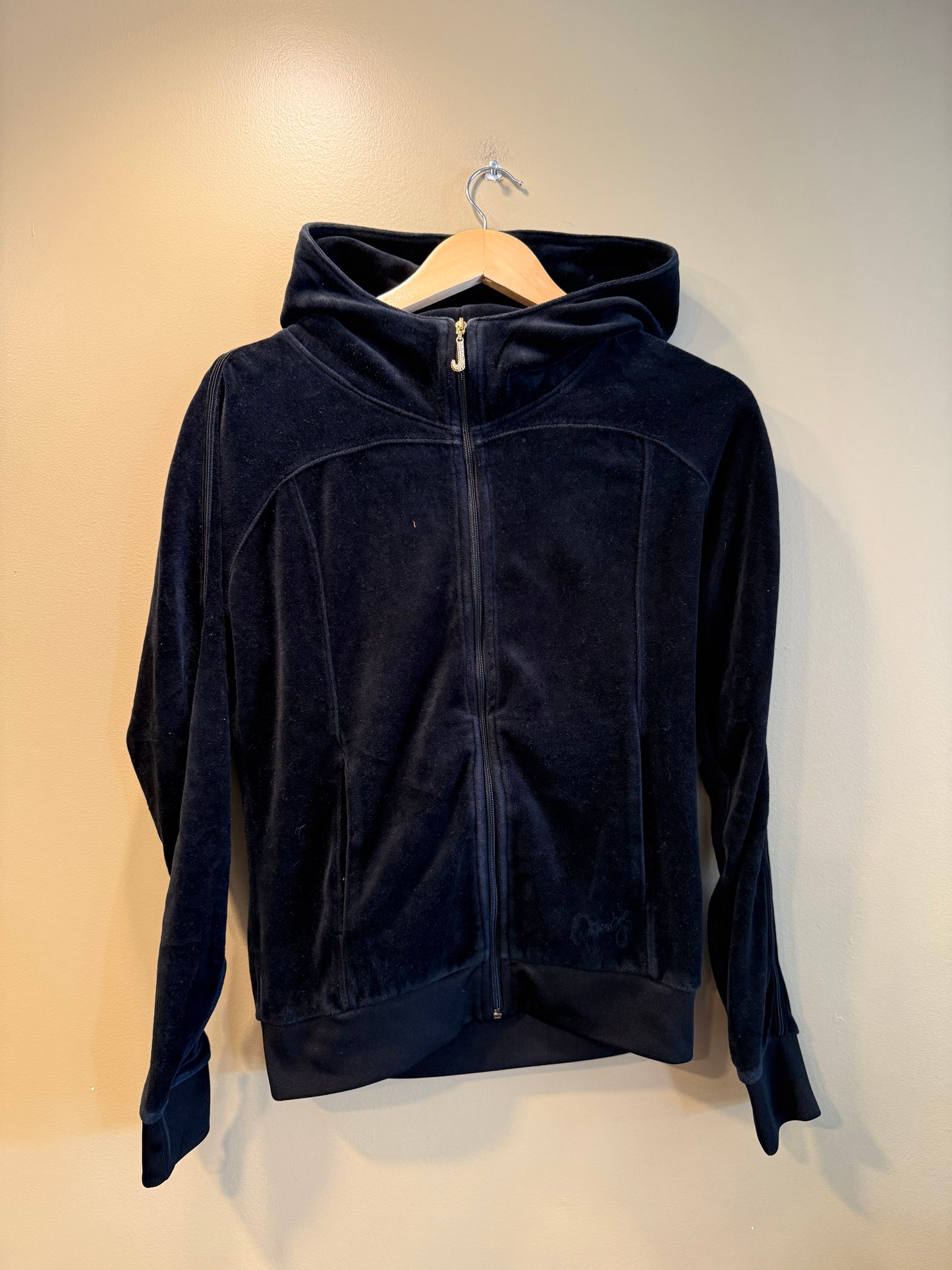 Vintage Juicy Couture Black Velour Zip-Up Hoodie Sweatshirt- L