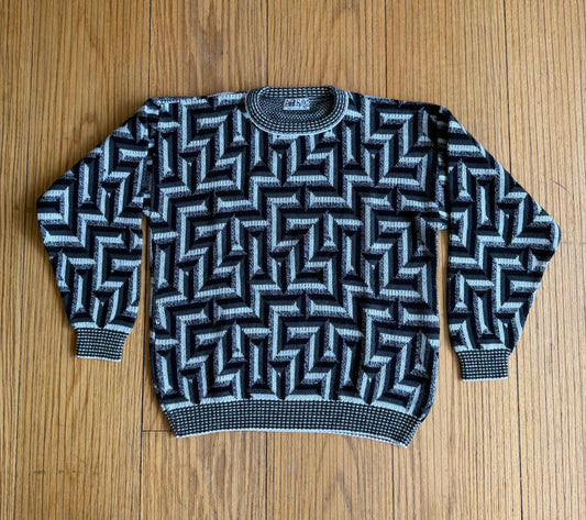 Vintage Patterned Black & White Knit Sweater- M