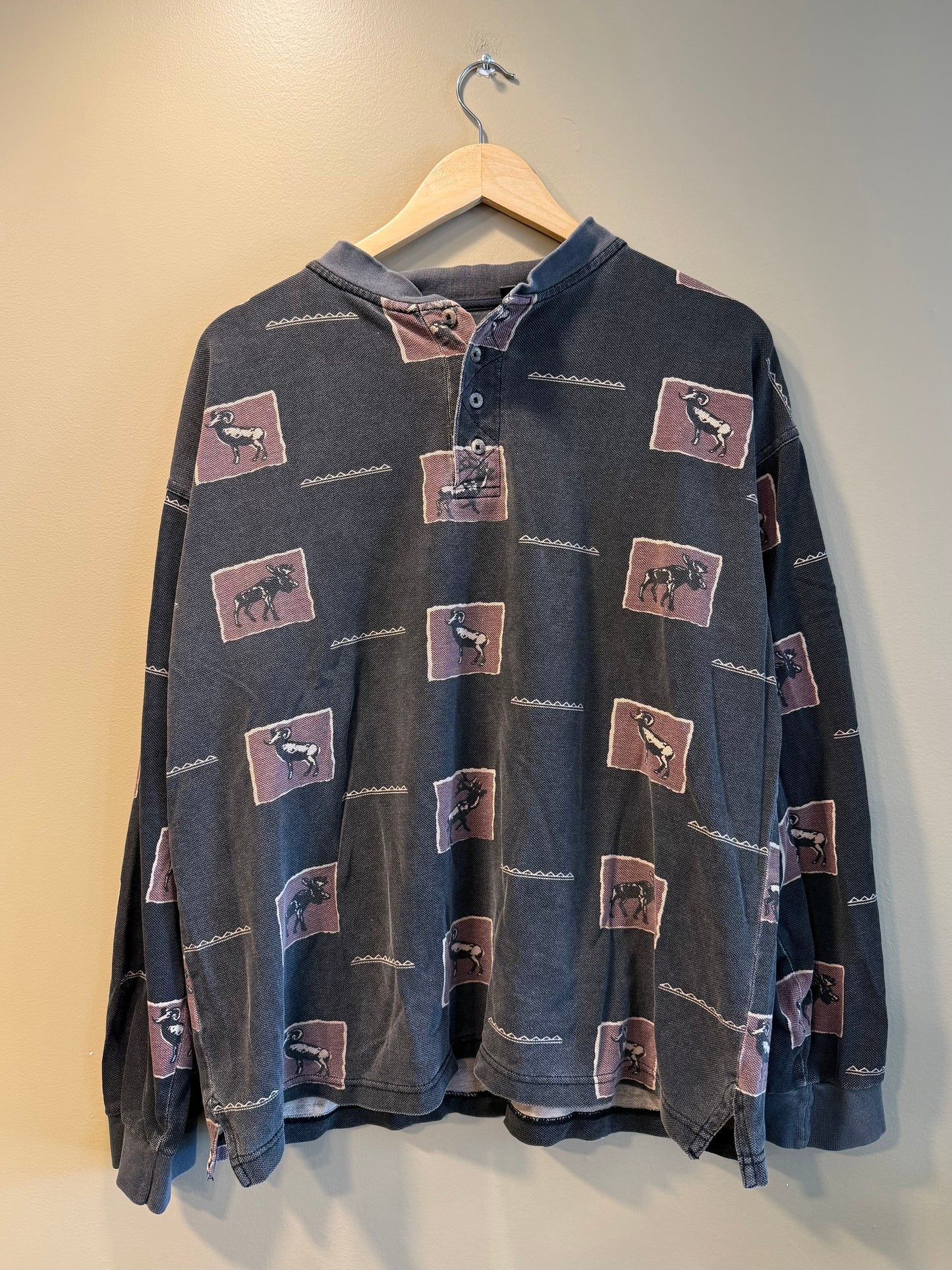 Vintage Roper Animals Nature All Over Print Thermal Long Sleeve T-Shirt- L