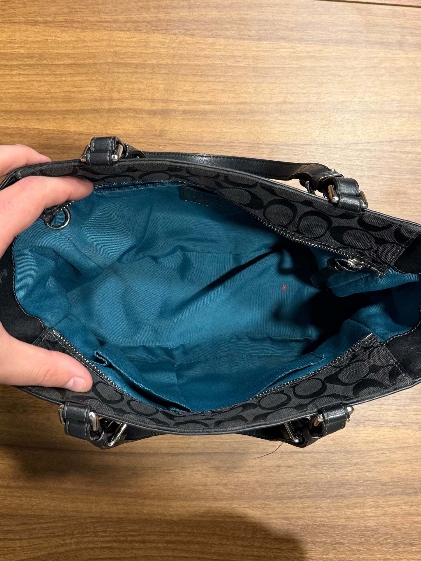 Vintage Coach F05M-8K49 Signature Gallery Black w/ Blue Trim Jacquard Tote Handbag