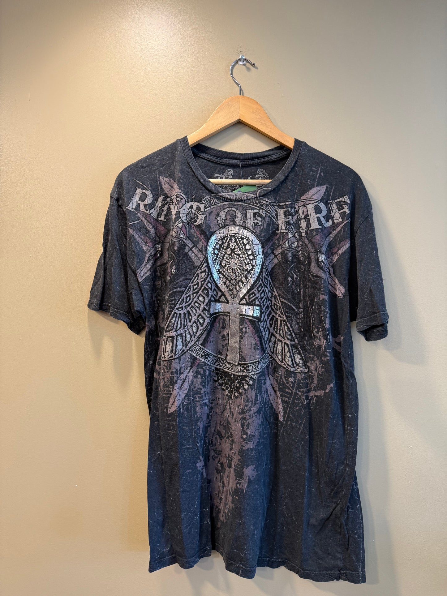 Vintage Y2K Ring Of Fire Gray All Over Print T-Shirt- M