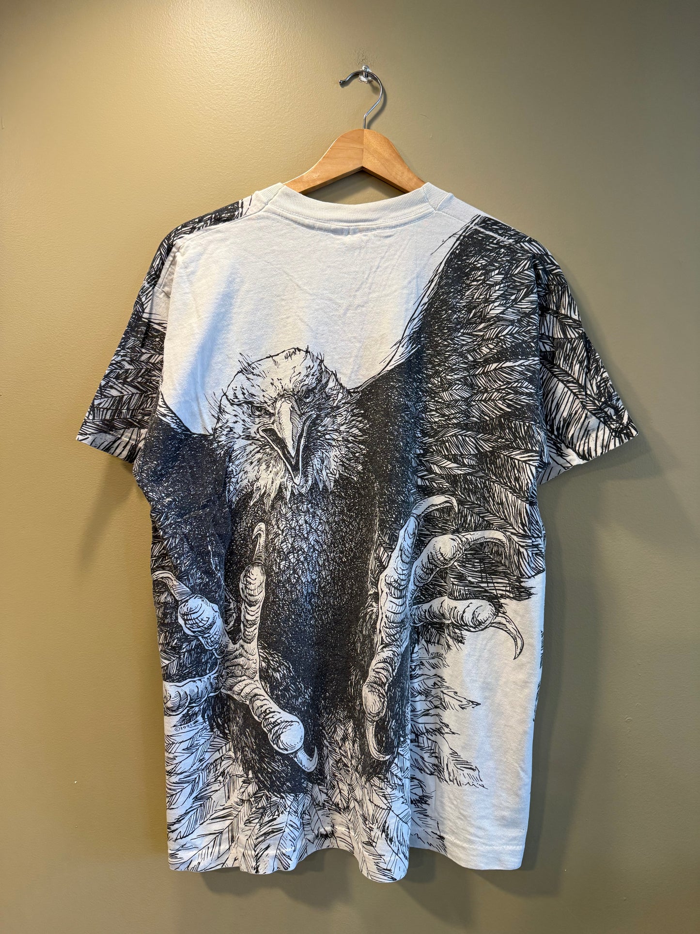 Vintage Bald Eagle Black & White All Over Print Nature T-Shirt- L