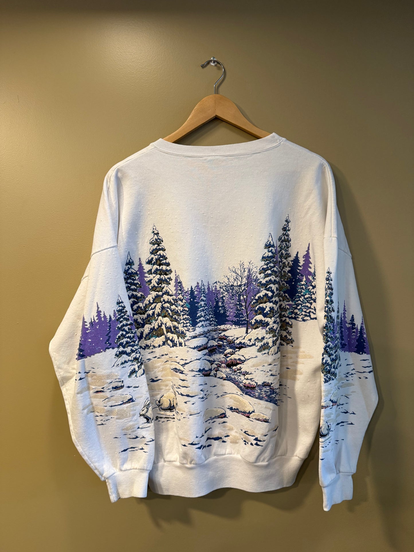 Vintage Snowy Nature Bunny Crewneck Sweatshirt- XL