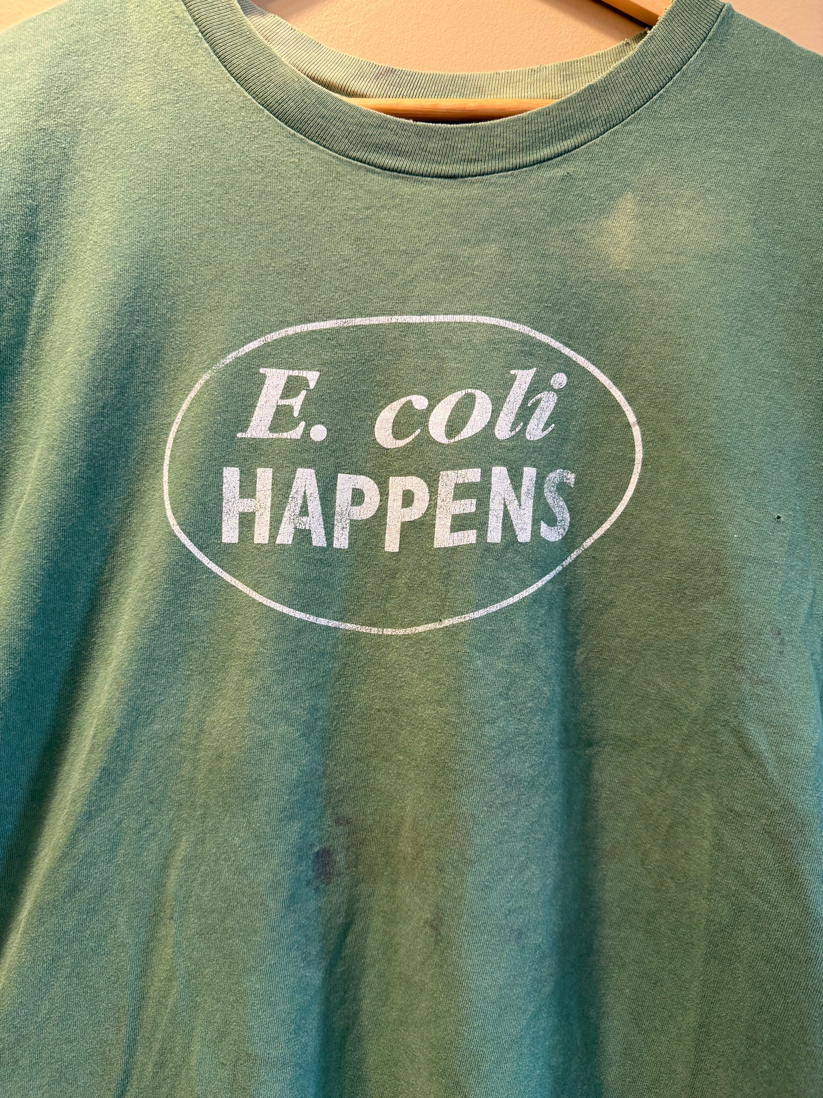 Vintage E. Coli Happens Green Sun Faded T-Shirt- L