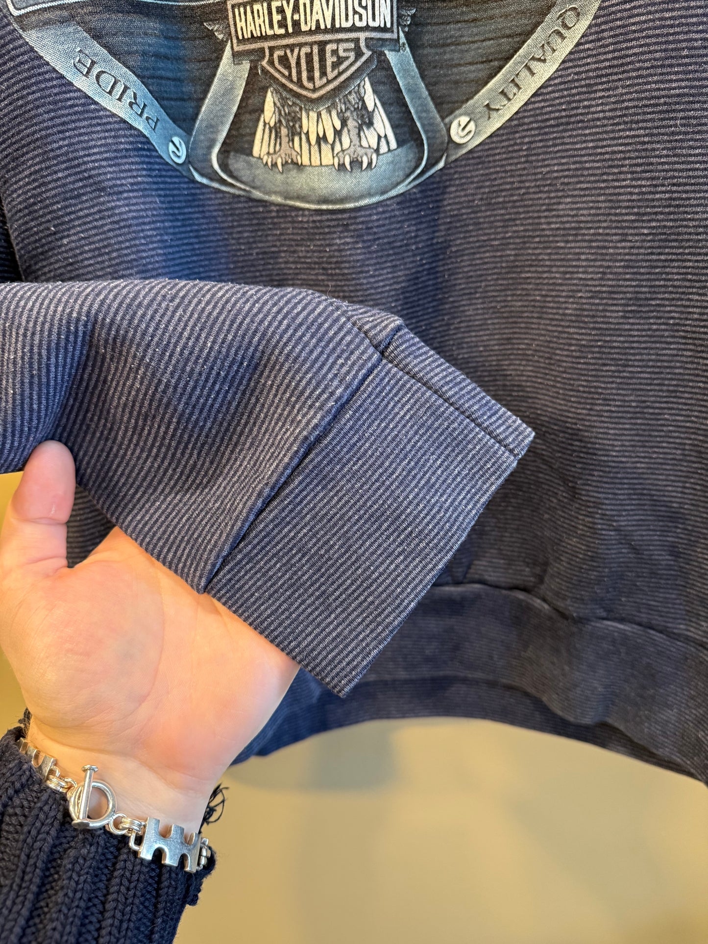 Vintage Harley Davidson Blue Striped Boxy Crewneck Sweatshirt- L
