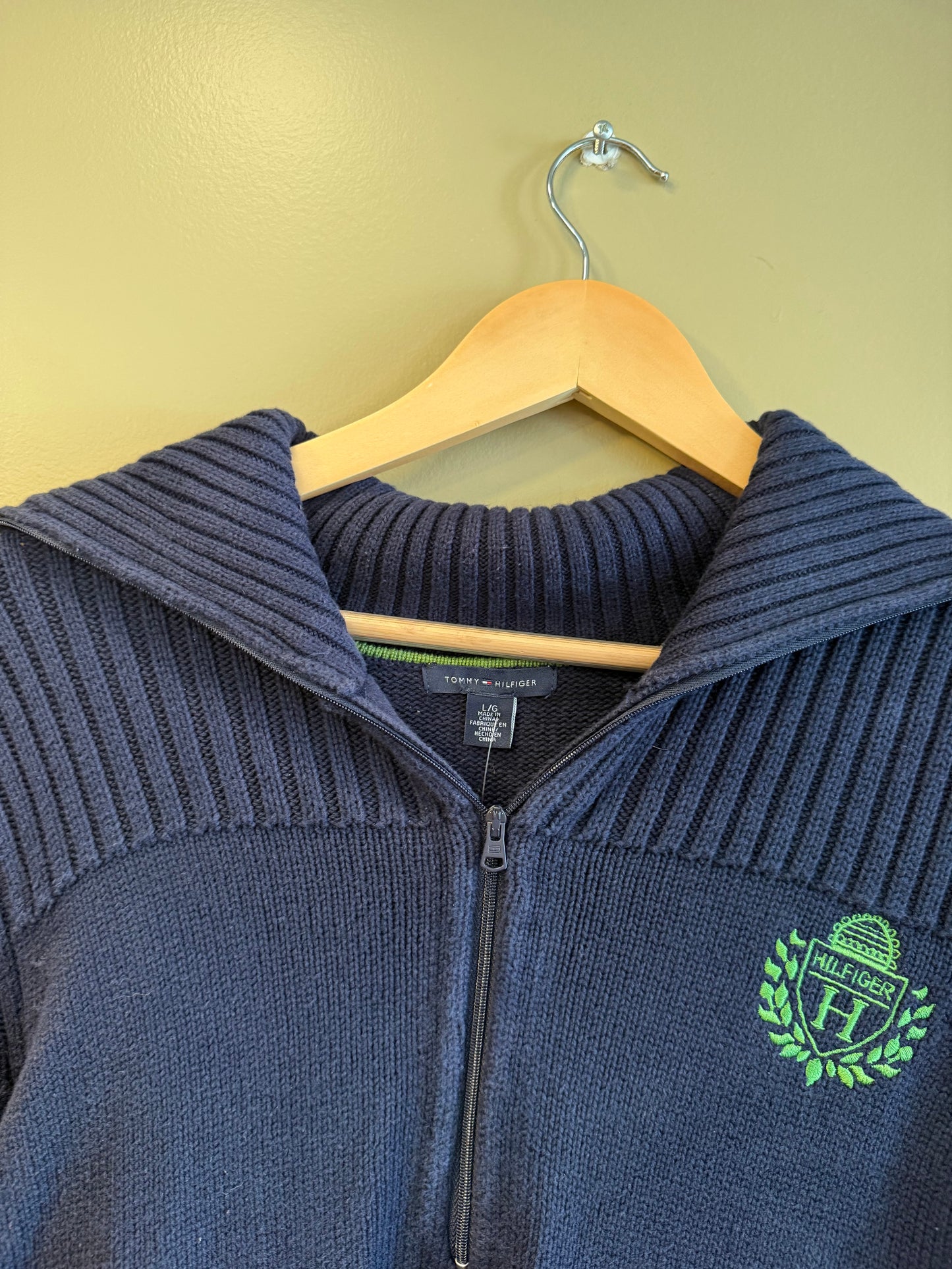 Vintage Y2K Tommy Hilfiger Blue Ribbed Collared Quarter-Zip Sweater- L