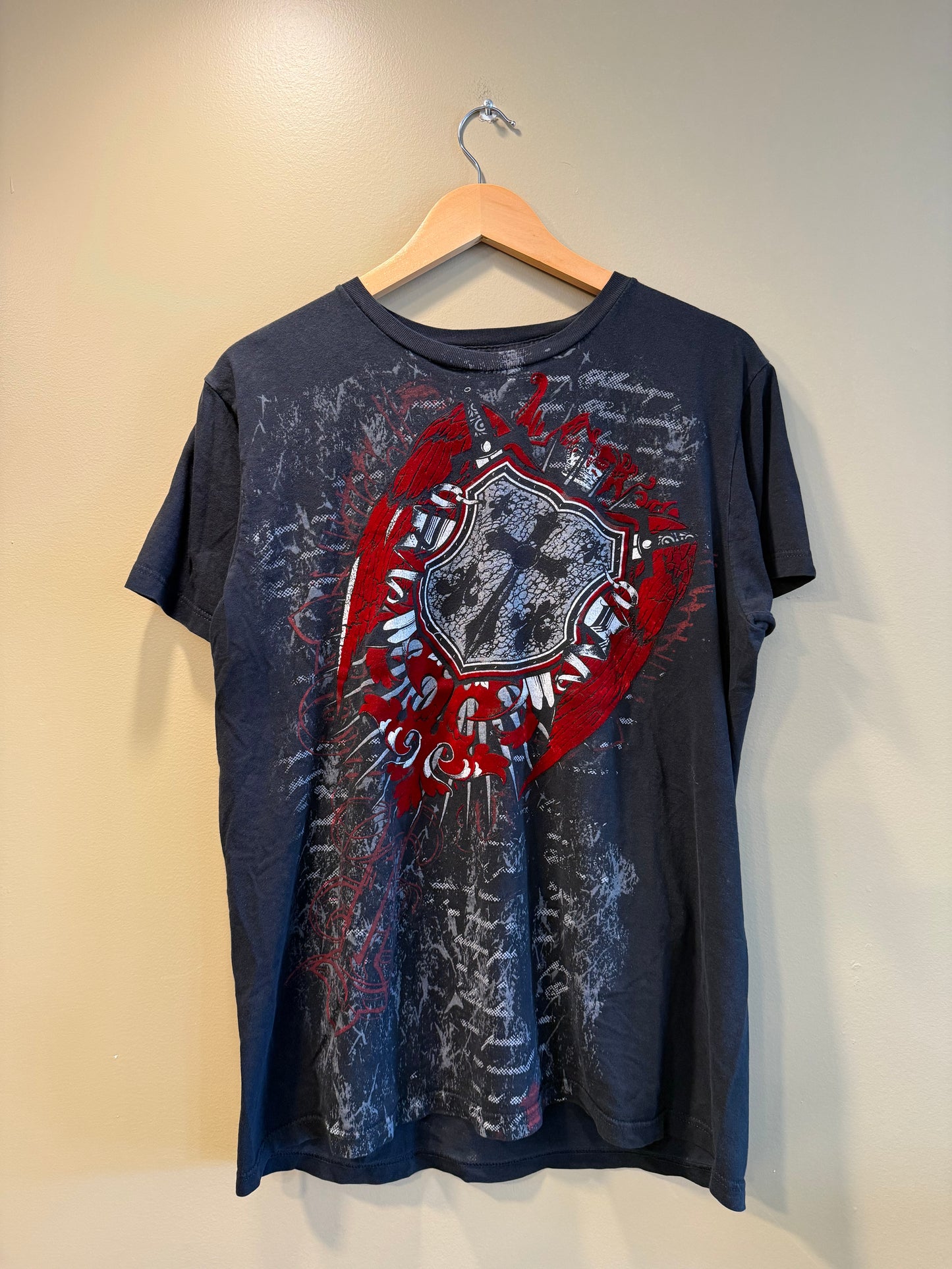 Vintage Y2K Crusade Cross & Shield Black T-Shirt- L