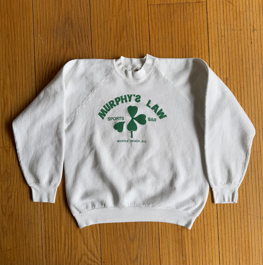 Vintage Murphy’s Law Irish Four Leaf Clover Sports Bar White Crewneck Sweatshirt- L