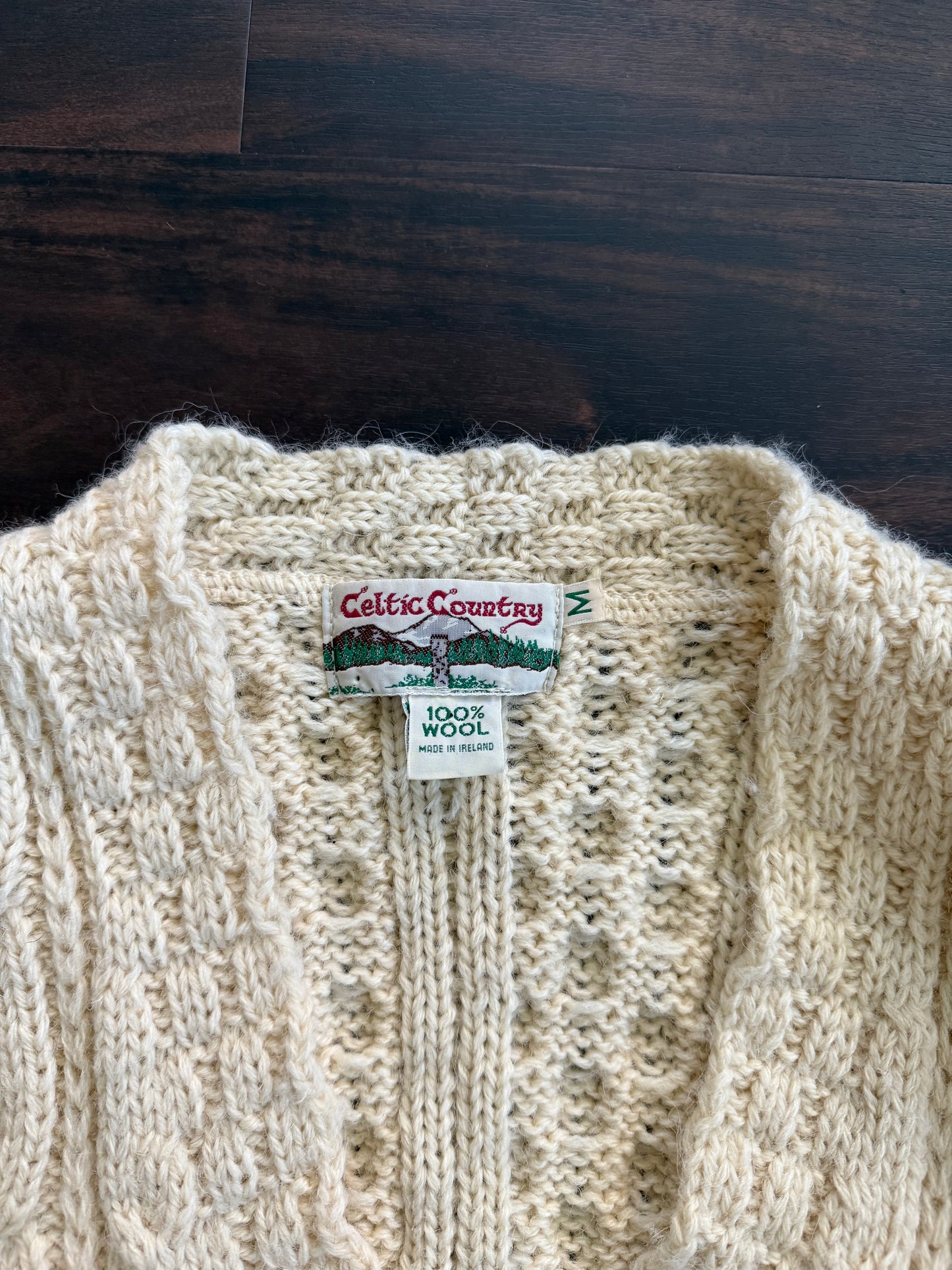 Vintage 100% Wool Celtic Country Made In Ireland White Cable-Knit Cardigan Sweater- M