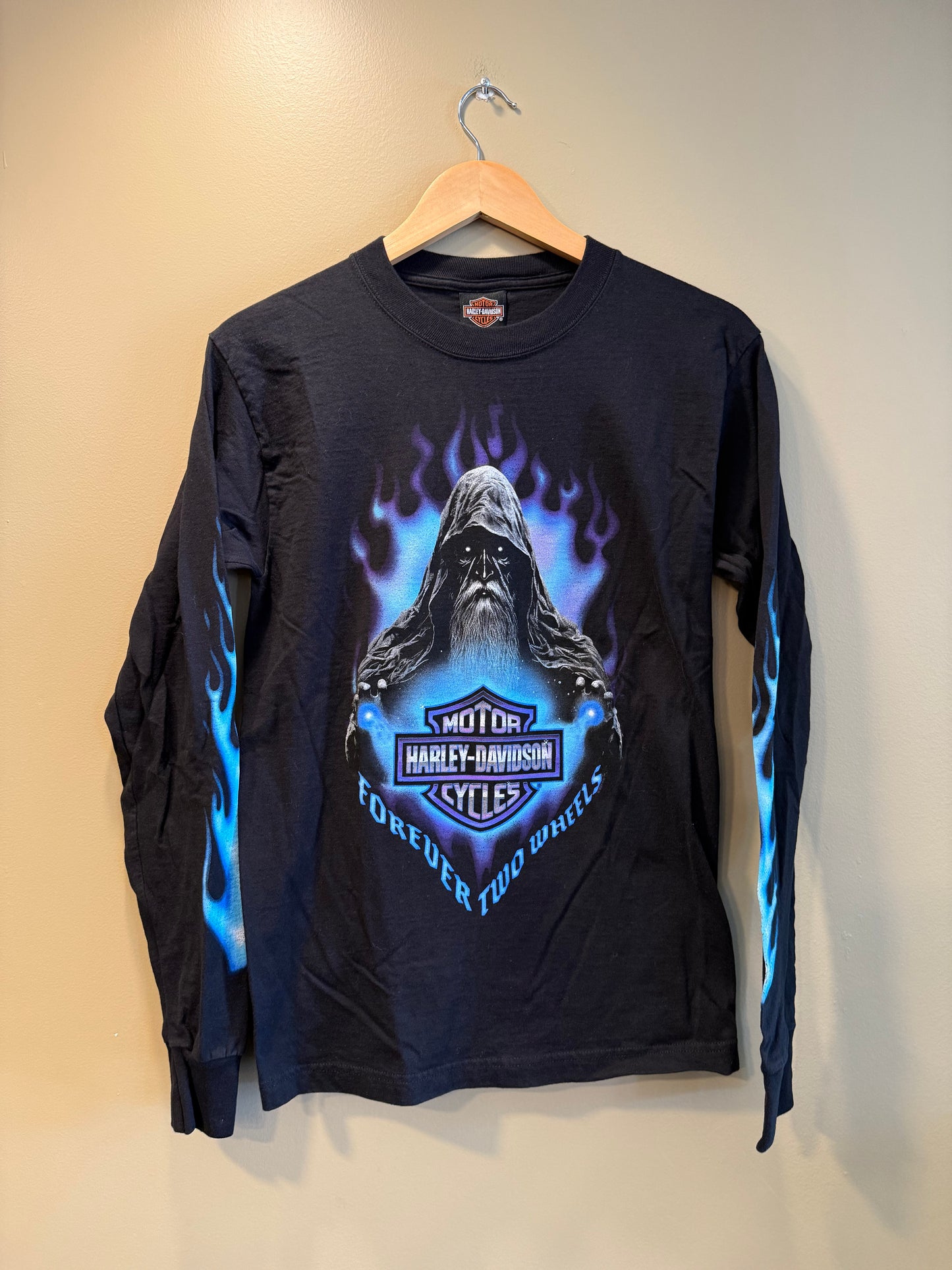 Vintage Harley Davidson Forever Two Wheels Wizard Flames Long Sleeve T-Shirt- S