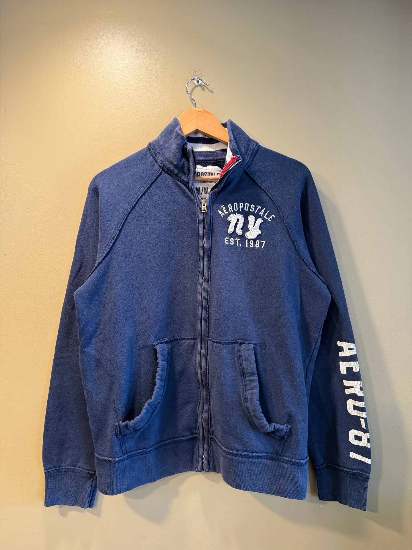 Vintage Aeropostale Navy Blue Embroidered Collared Zip-Up Sweatshirt- M