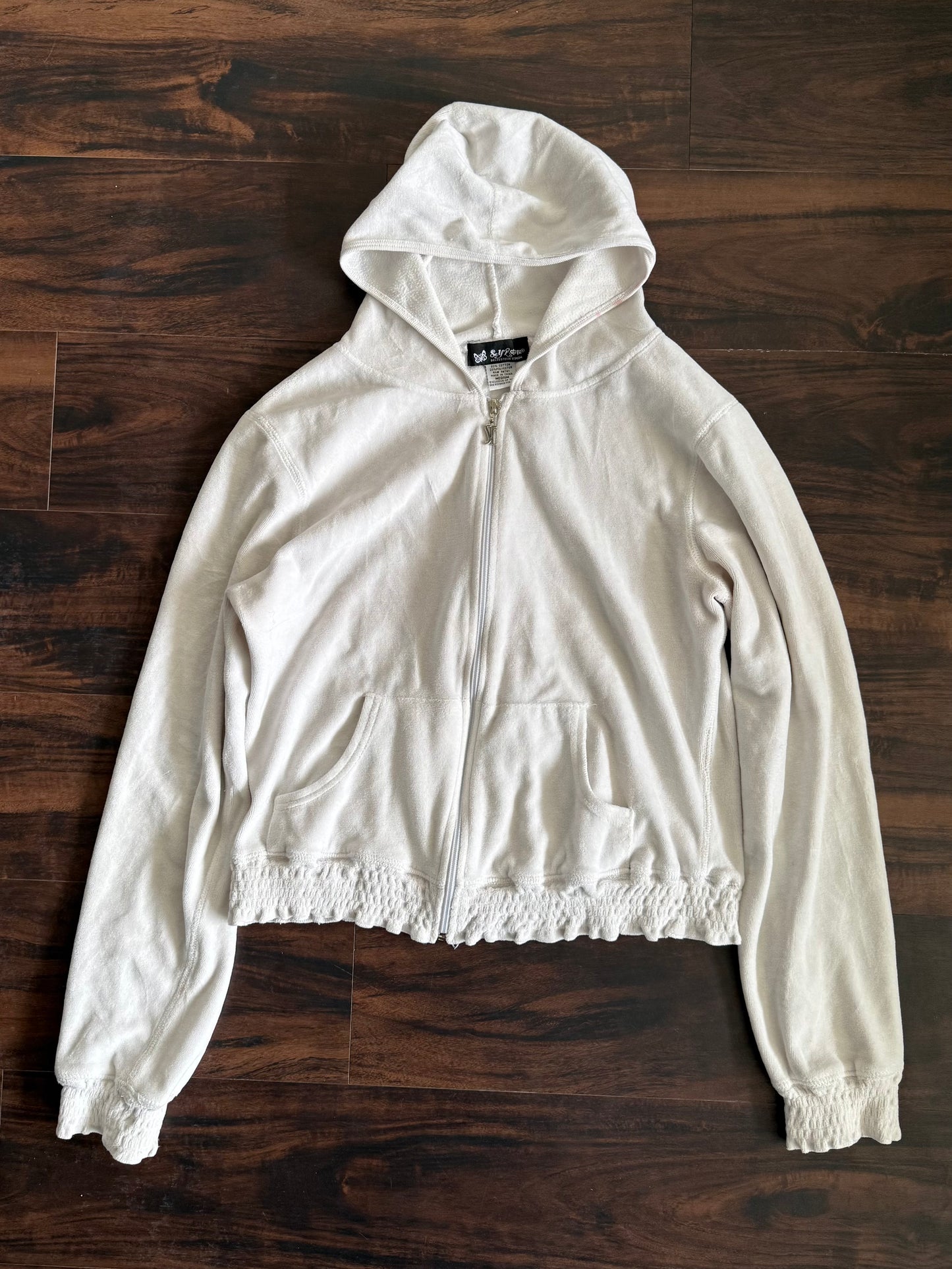Vintage White Velour Zip-Up Hoodie Sweatshirt- M