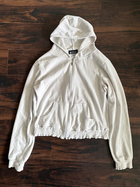 Vintage White Velour Zip-Up Hoodie Sweatshirt- M