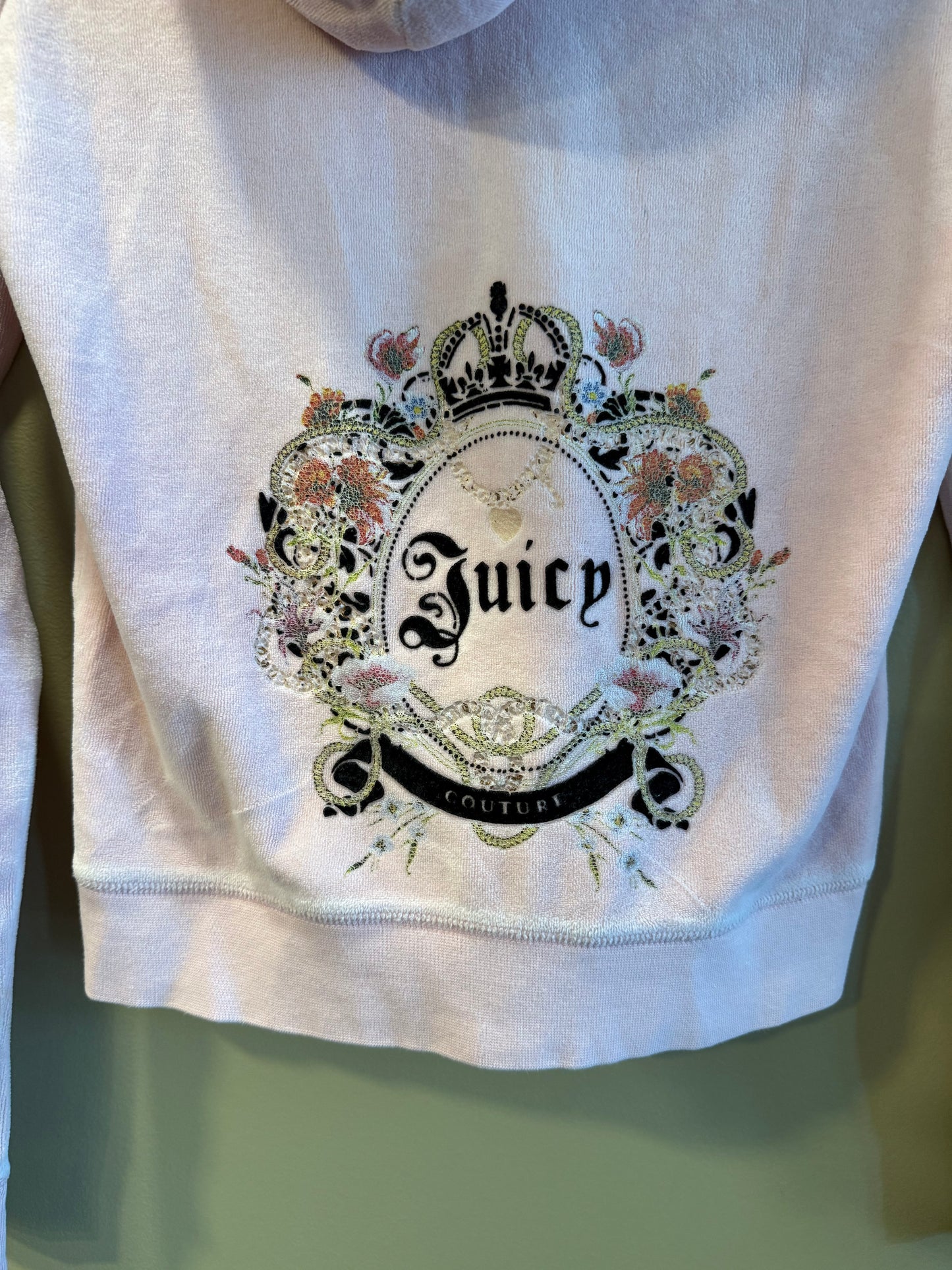 Vintage Juicy Couture Baby Pink Velour Zip-Up Hoodie Sweatshirt- S/M