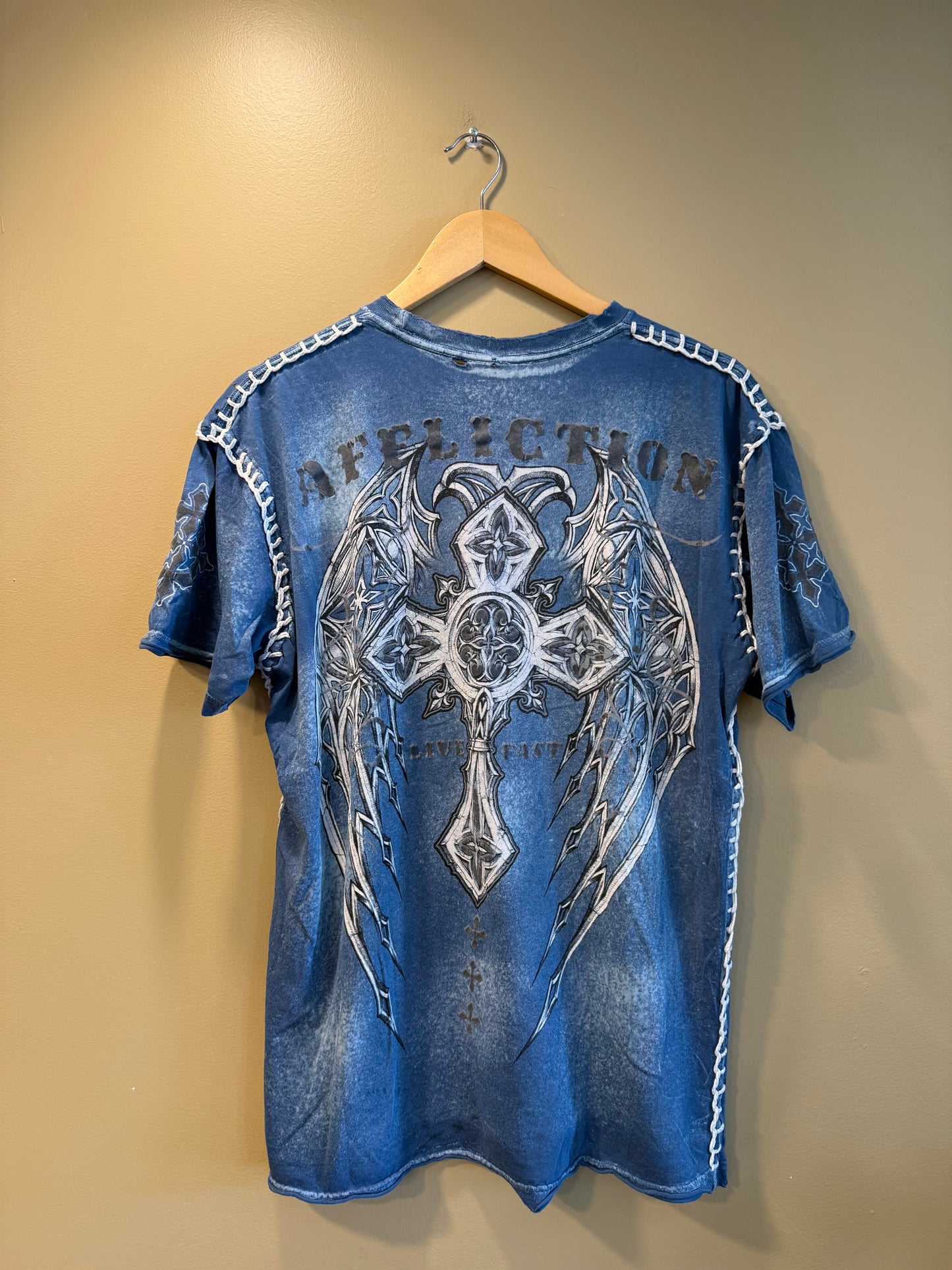 Vintage Y2K Affliction Blue Live Fast Cross T-Shirt- L