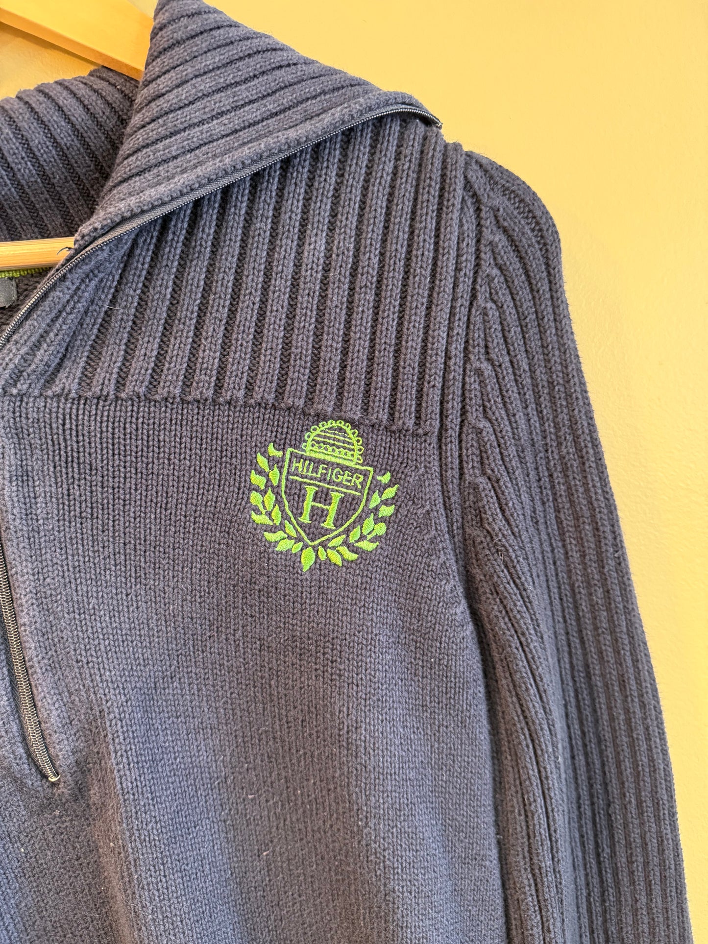 Vintage Y2K Tommy Hilfiger Blue Ribbed Collared Quarter-Zip Sweater- L