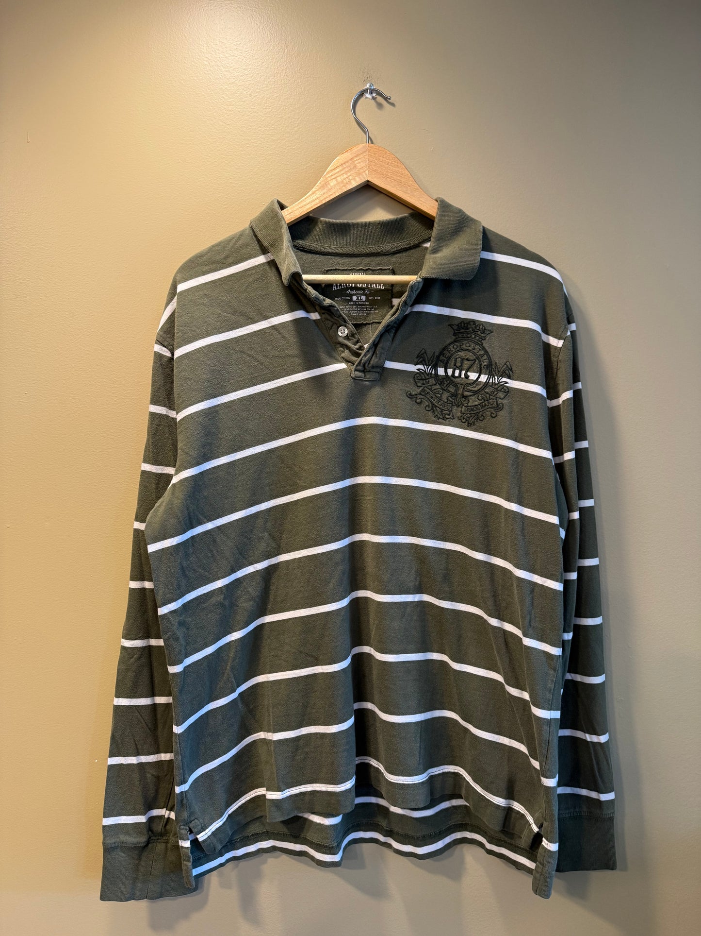 Vintage Aeropostale Green Long Sleeve Striped Polo Shirt- XL