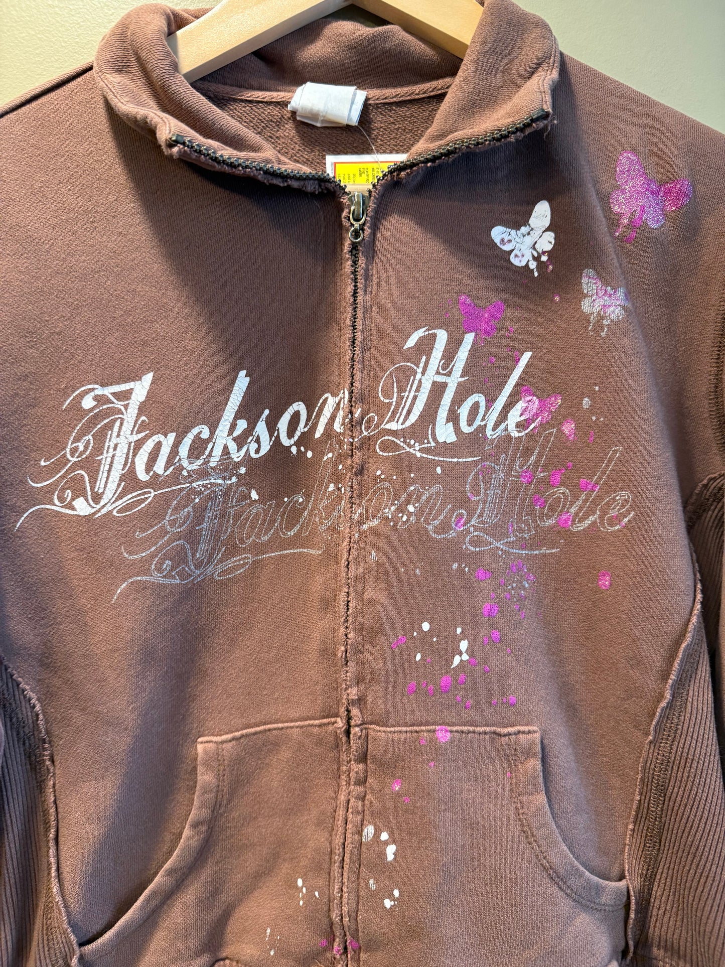 Vintage Y2K Women’s Jackson Hole Brown Zip-Up Sweatshirt- L