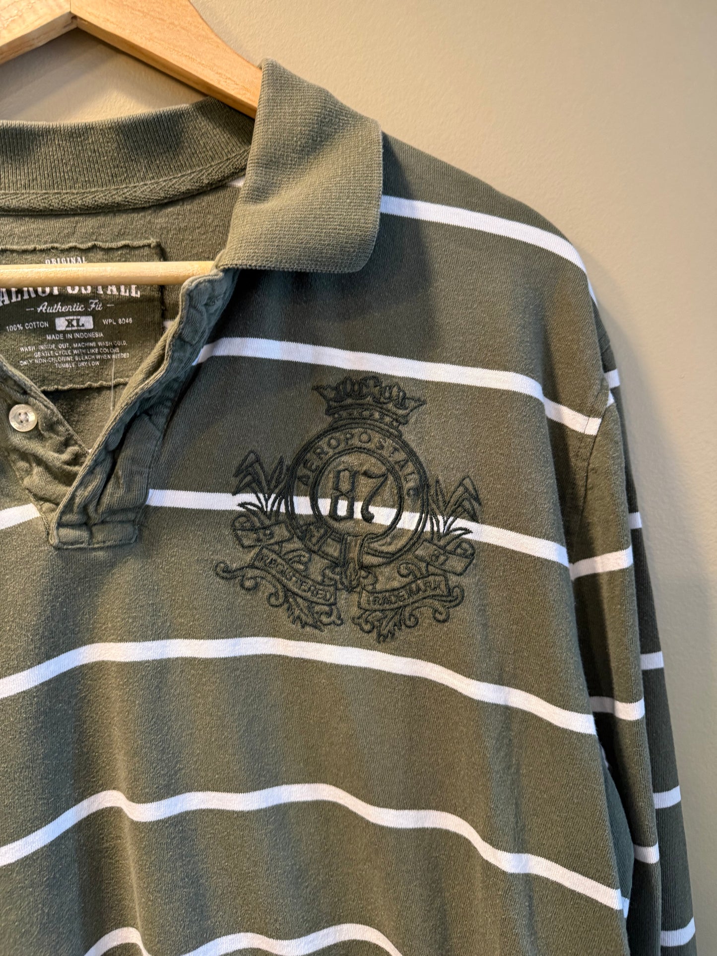 Vintage Aeropostale Green Long Sleeve Striped Polo Shirt- XL