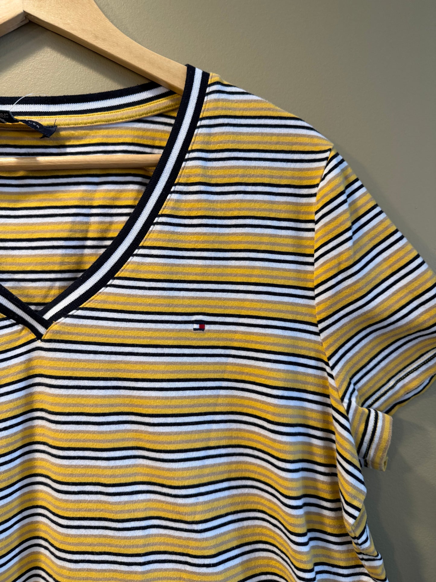 Vintage Tommy Hilfiger Yellow Striped V-Neck T-Shirt- XL/XXL