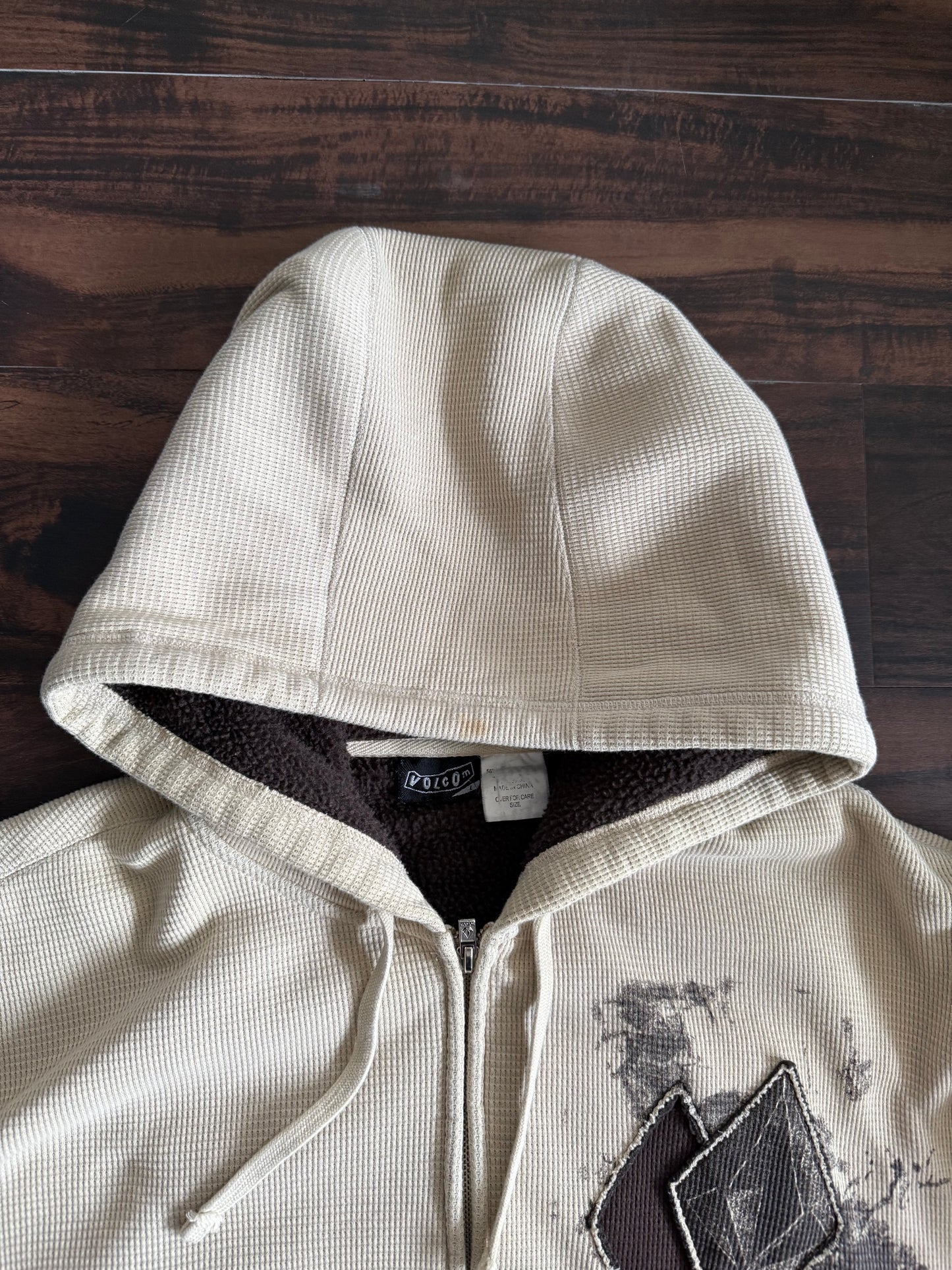 Vintage Y2K Volcom Nuetral Tone Waffle Knit Zip-Up Hoodie Sweatshirt- XL