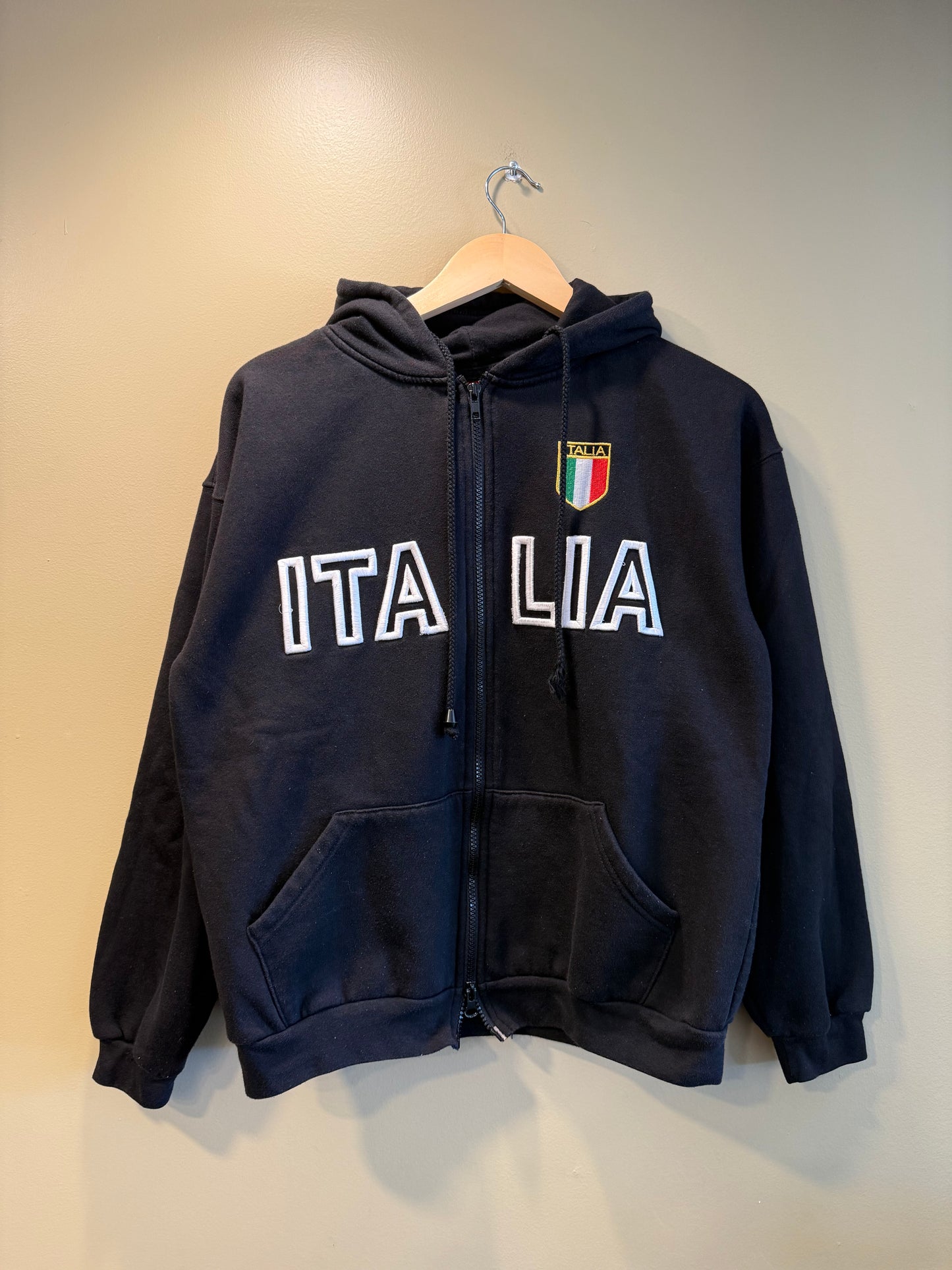 Vintage Italia Black Zip-Up Hoodie Sweatshirt- M